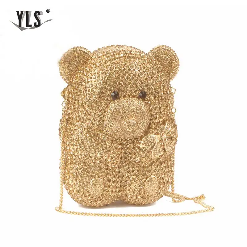 Золотистый вечерний клатч Женский Стильный в виде медведя панды с кристаллами
