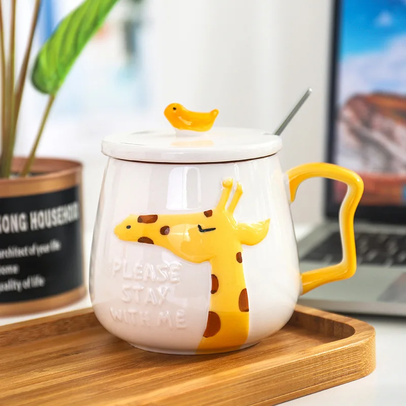 

Cartoon animal ceramic cup with lid spoon big belly mug home breakfast milk water cup