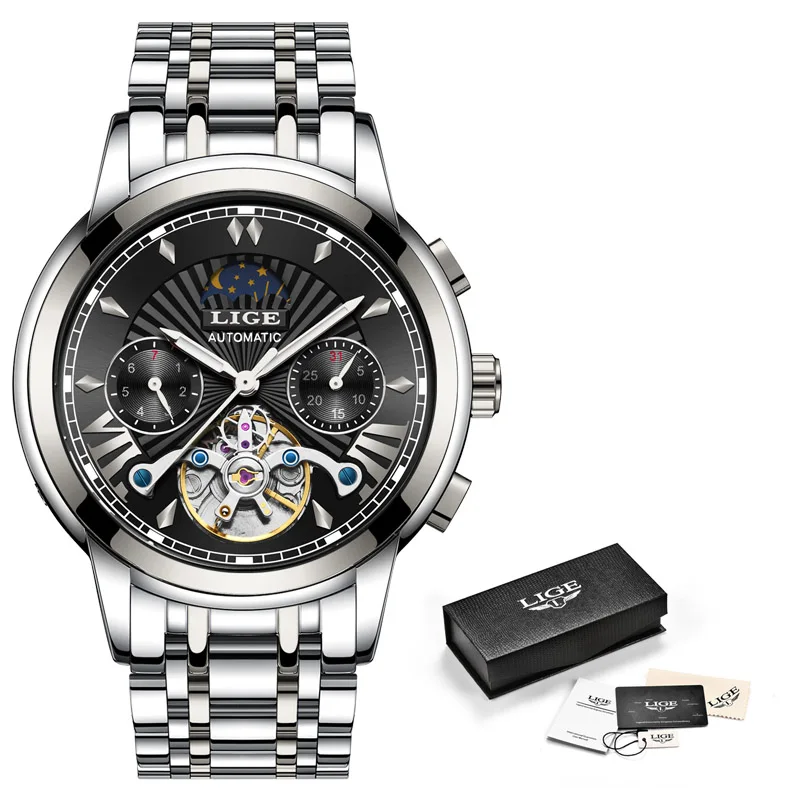 Montre Homme LIGE мужские s часы Топ люксовый бренд мода Tourbillon автоматические механические часы мужские водонепроницаемые часы со скелетом - Цвет: Silver black