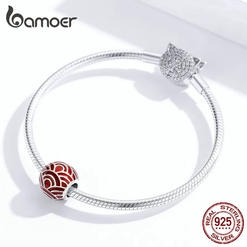 Bamoer, 925 пробы, серебристо-красный волнистый узор, круглые бусины для женщин, ювелирные изделия, эмаль, шарм, подходит к оригиналу 925, браслет BSC133