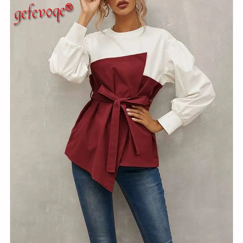 

Elegant Fashion Woman Blouses Solid Patchwork Lantern Sleeve Shirt Chic Bandage Blouse Irregular Top Female Autumn Clothing 2021