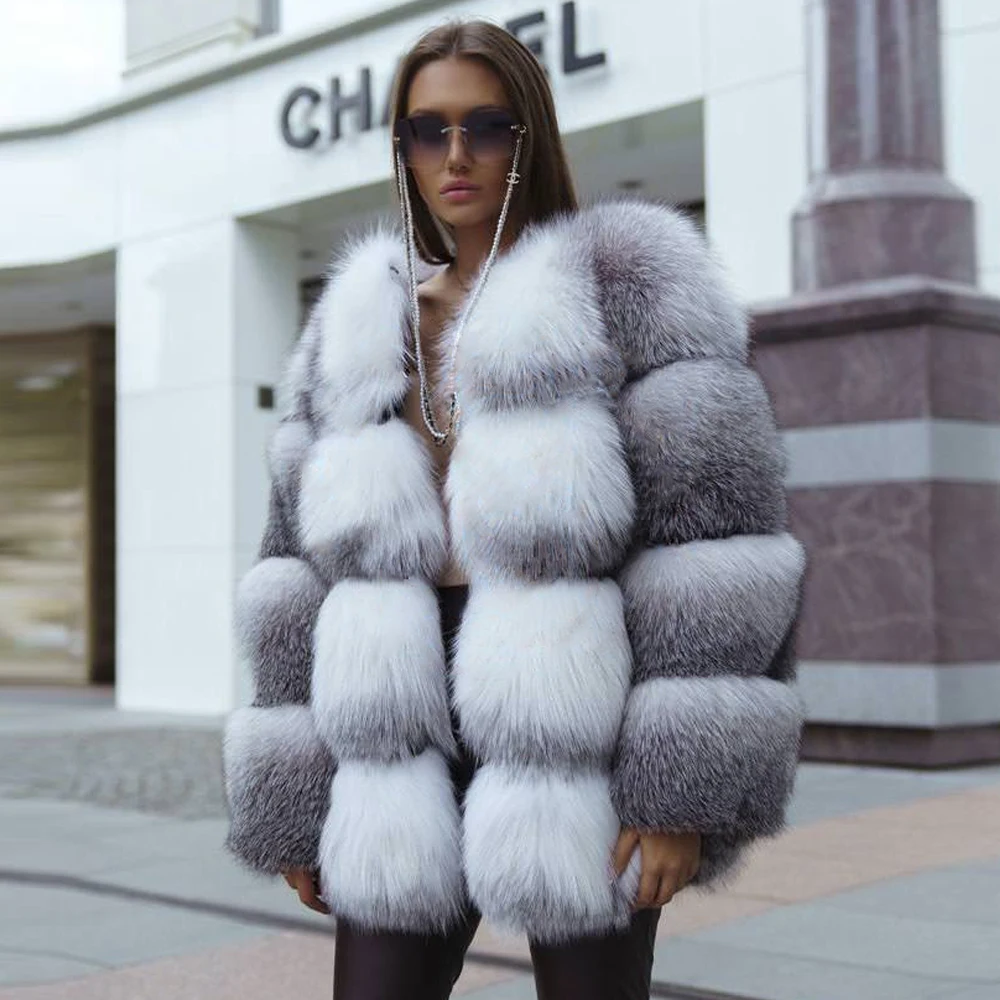 Mid-length Natural Cross Fox Fur Jacket Round Collar Winter Fashion Woman Whole Skin Genuine Fox Fur Coat Female Outwear Trendy