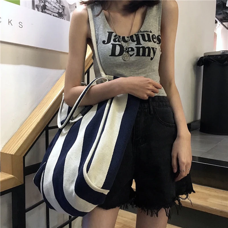 Women Canvas Shopping Bags Large Capacity Grocery Bag Shoulder Bags Handbag Tote Bag Casual Ladies Striped Shoulder Bag