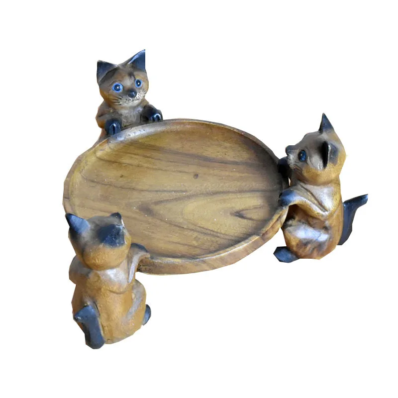 

Solid wood carving cute cat creative fruit plate home decorations ornaments living room coffee table dried