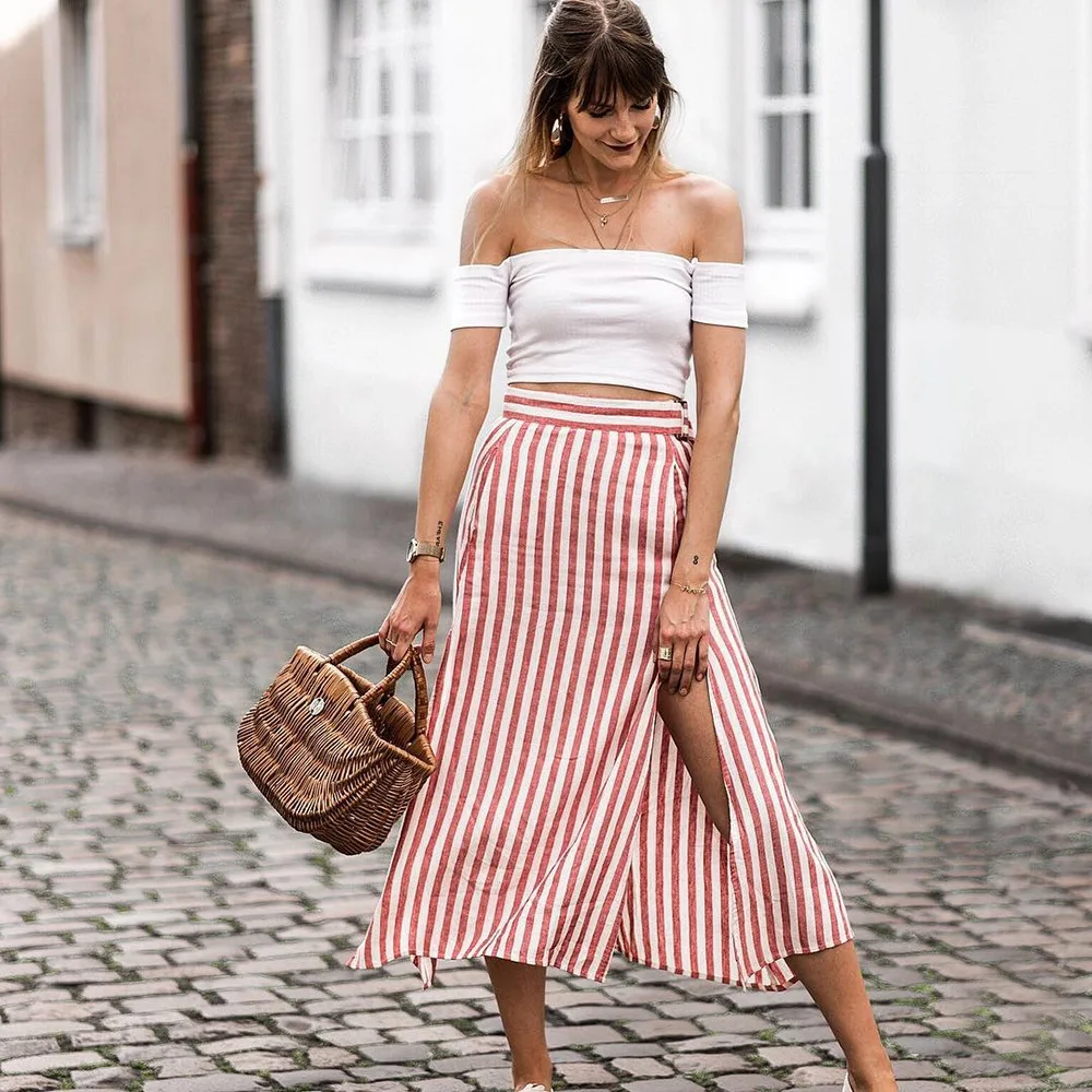 

Zoulv 2020 Spring New Women's Slim All-match Skirt Mid-length Women's Red/White Striped Belt Slit Pocket Chiffon A-line Skirt