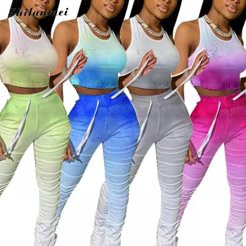 

Women Set Two Pieces Sets Sleeveless Crop Top + Skinny Leggings Pants Matching Suits Jogger Fitness Outfits Gradient Tracksuit