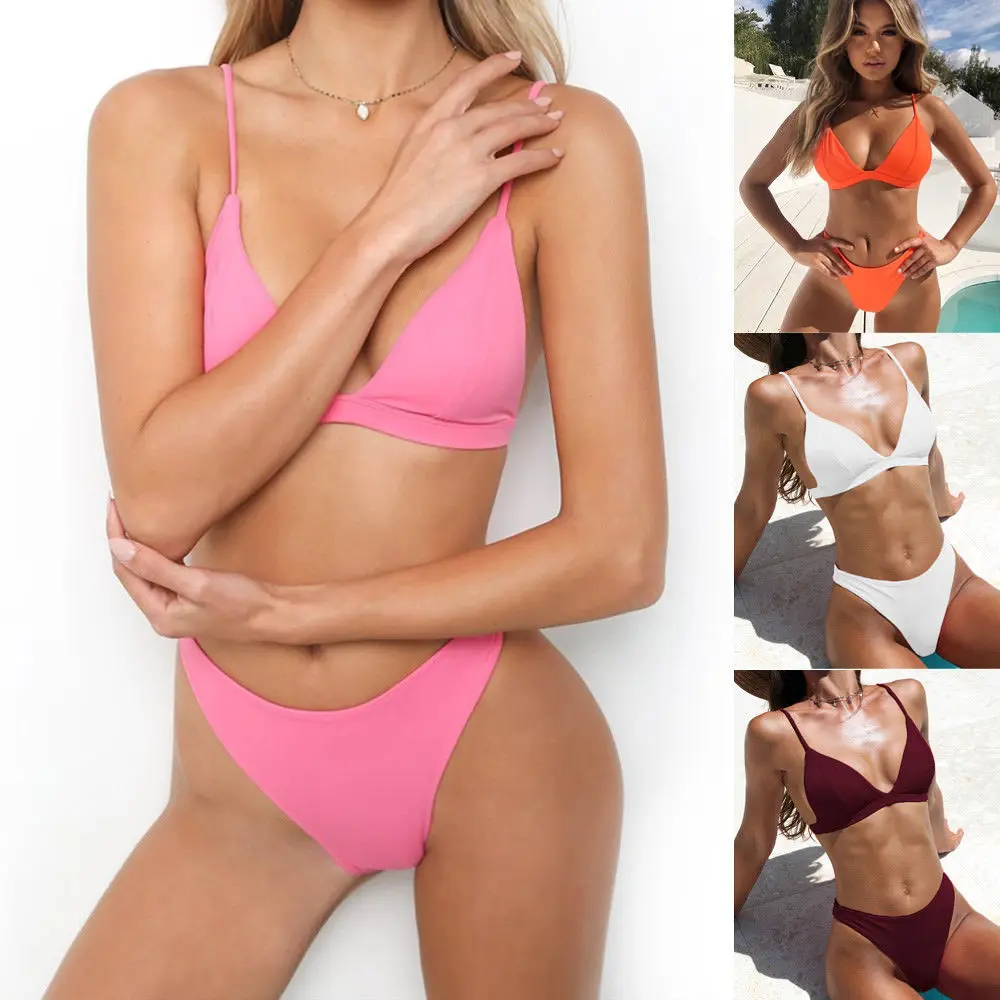

Women Swimwear Push Up Padded Swimsuit Biquini Thong Pure Color Bikini Set New Women Bathing Suit Summer Beachwear