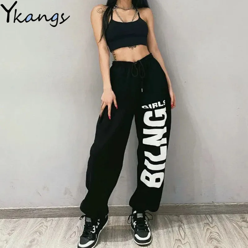 

Korean Fashion Elastic High Waist Baggy Letter Pants Hip Hop Drawstring Sports Pants Gothic Streetwear Sweatpants Women Loose