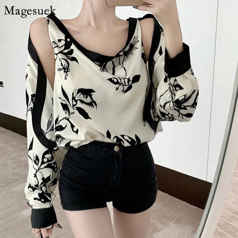 

Hollow Sexy Off Shoulder Woman Blouses V Neck Long Sleeve Satin Silk Shirt Women Chic Design Out Print Vintage Lady Tops 16100