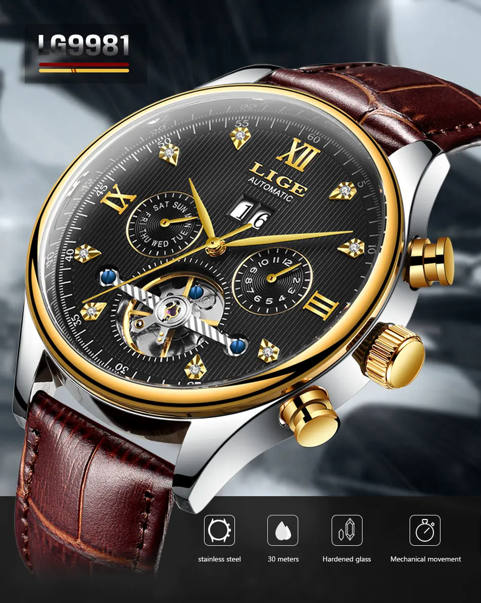 LIGE Брендовые мужские часы автоматические механические часы Tourbillon спортивные часы кожаные повседневные деловые часы в ретро-стиле Relojes Hombre
