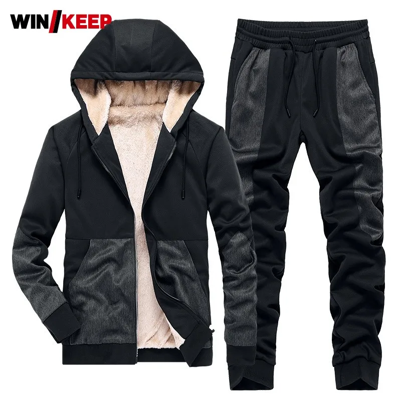 

Для мужчин спортивный костюм поярок куртка-кардиган с капюшоном Теплая одежда в Корейском стиле теплый спортивный костюм мужской комплект из двух предметов комплекты Повседневное открытый Фитнес