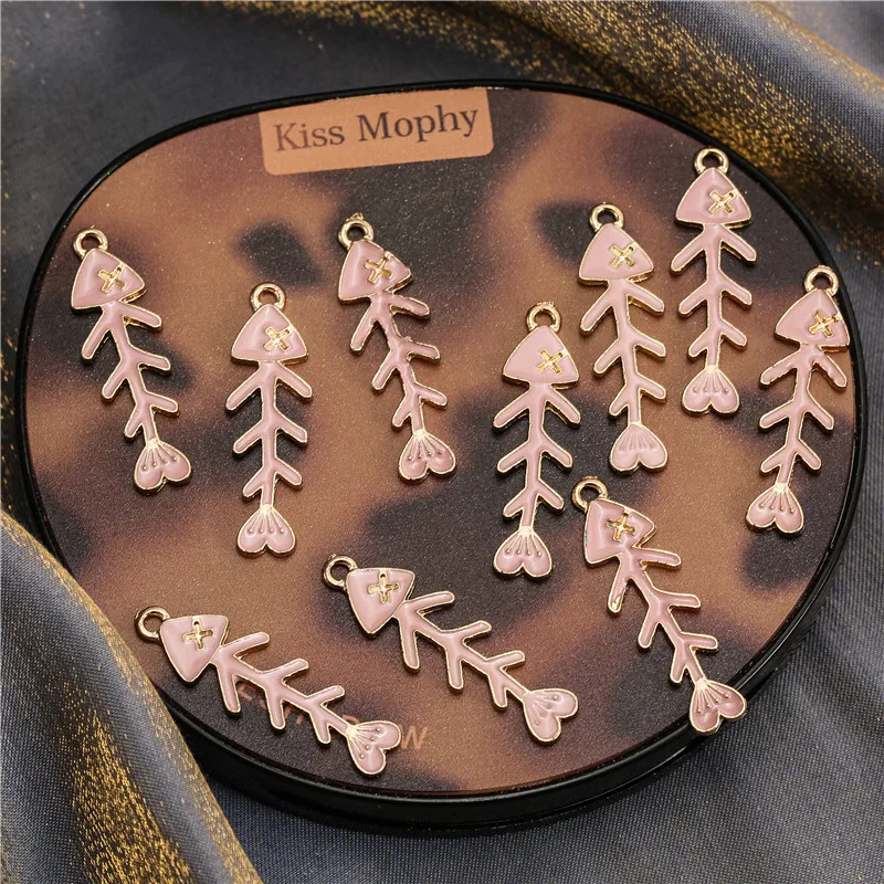 10 шт./лот Подвеска из эмалированного сплава в виде рыбьей кости розовый цвет