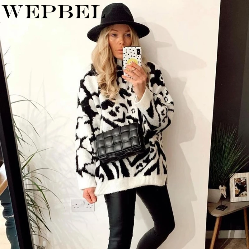 

Mandylandy Women Autumn Winter Loose Print Knitted Pullover Sweater Top Lady Elegant Long Sleeve O Neck Knitwear Outerwear