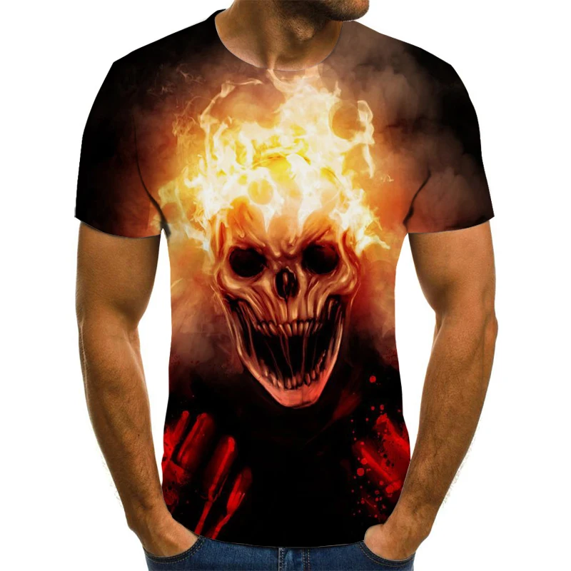 

Men's Summer 3D Skull Print T-shirt Ghost Rider Round Neck Casual Short Sleeve Gothic Men's Top Oversized T-shirt
