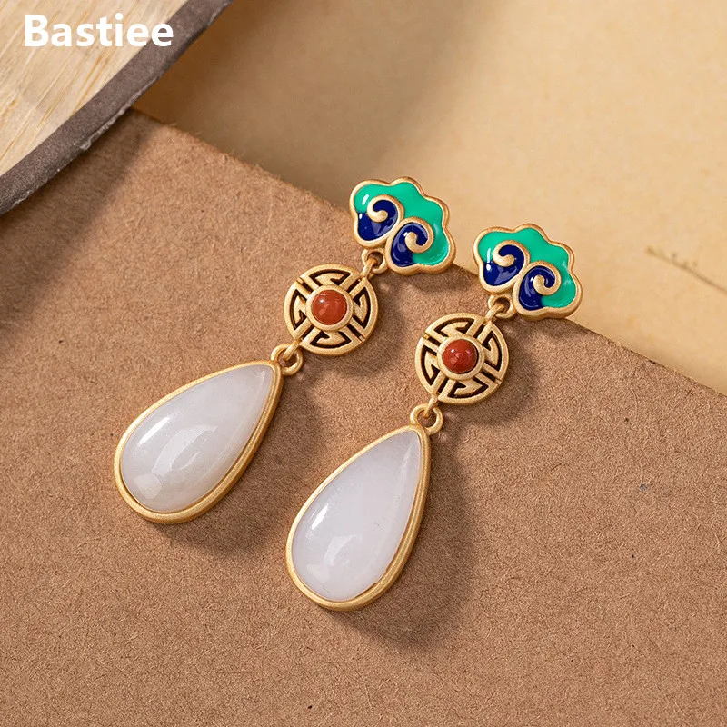 

Bastiee Silver 925 Earrings for Women White Jade Drop Ear Studs Ethnic Jewelry Cloisonne Gold Plated Red Agate Hanfu Accessories