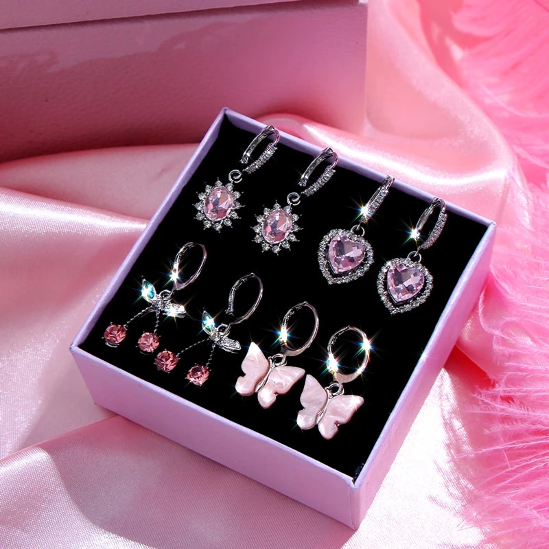 Flatfoosie 4Pcs/set Fashion Cherry Butterfly Drop Earrings for Women Multicolor Heart Geometric Crystal Earring Sets Jewelry | Украшения и