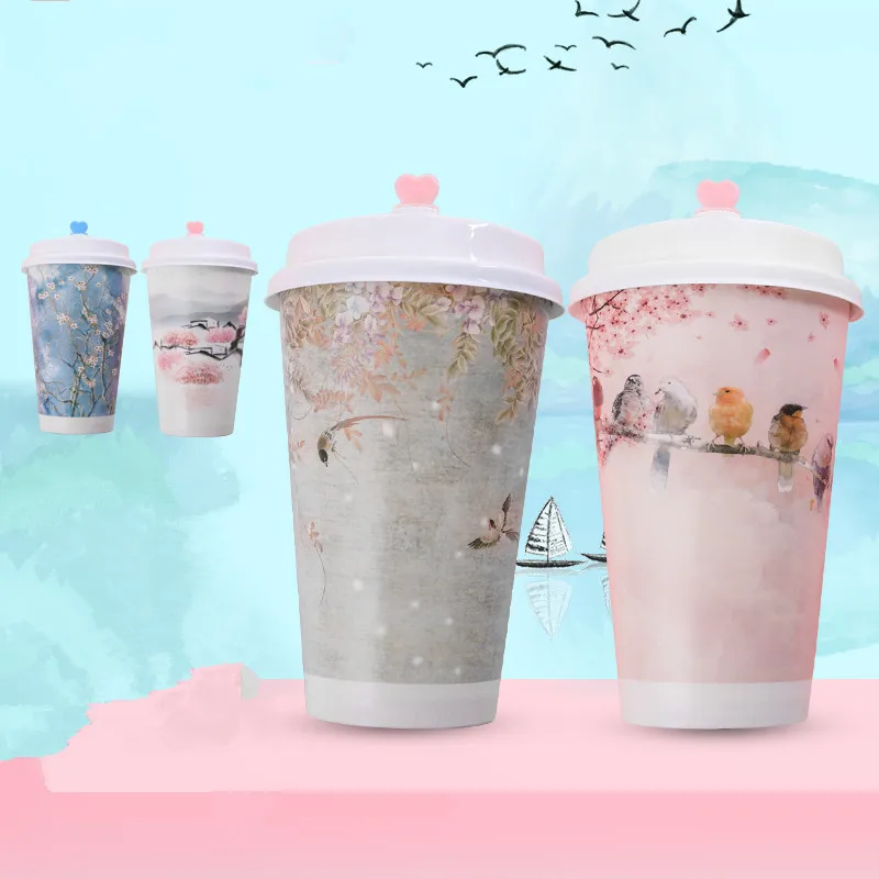 

50pcs High quality creative disposable coffee cup 500ml 16oz Chinese style flowers party cold hot drink paper cup with lid