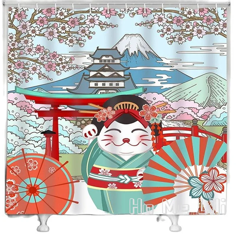 

Japanese Cat Shower Curtain By Ho Me Lili Lucky Animal Traditional Building Wave Mount Fuji Cherry Blossom Polyester Bath Decor