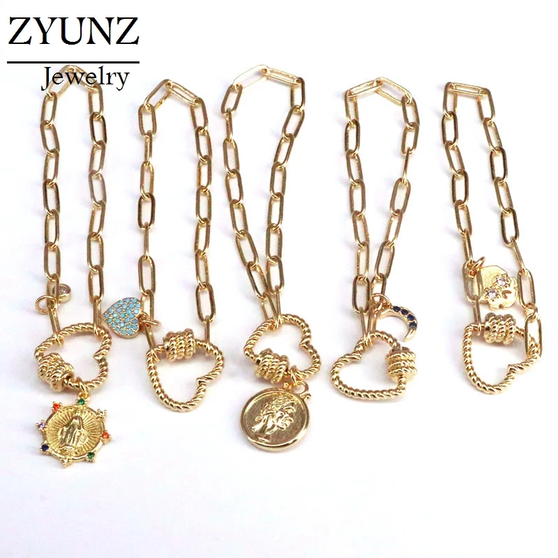 

6PCS, Carabiner Bracelet, CZ Micro Pave Charms Bracelet, Screw Heart Clasp Bracelet, CZ Micro Pave Chain Link Bracelets