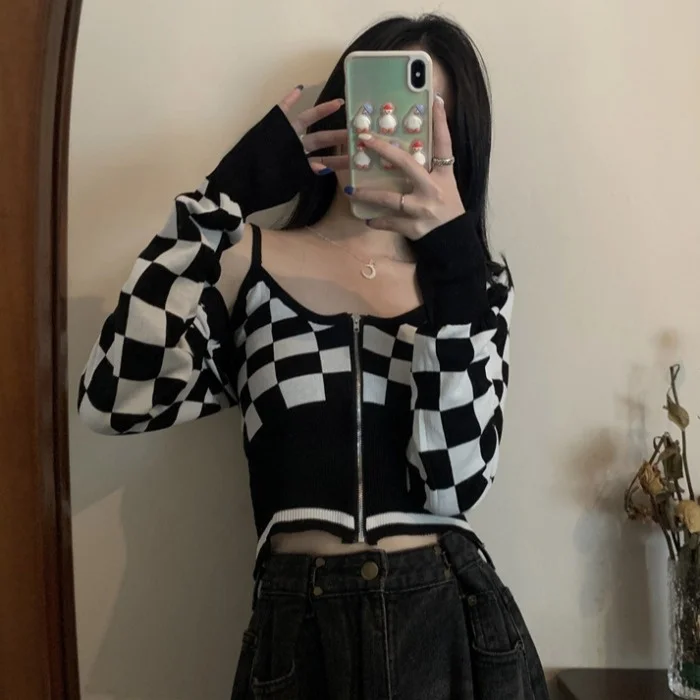Вязаный кардиган в черно-белую клетку для женщин осенняя популярная одежда