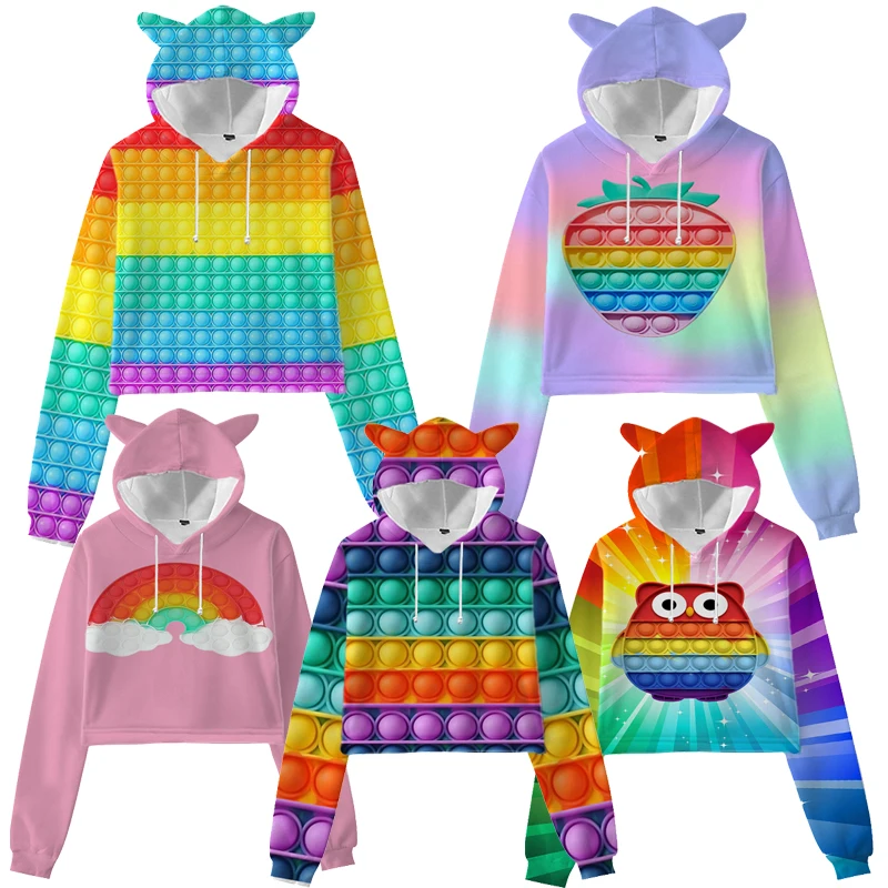 

Толстовки POP IT с 3D принтом для девочек, Женский пуловер с милыми мультяшными кошачьими ушками, Детские свитшоты, модные укороченные топы для ...