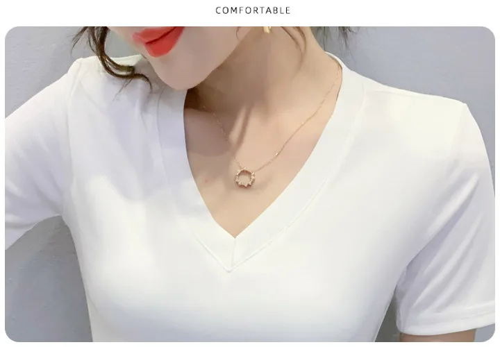 

Summer European Clothes Solid T-Shirt Chic Sexy V-Neck Zipper Print Letter Women Tops Short Sleeve Bottoming Shirt Tees T15504A