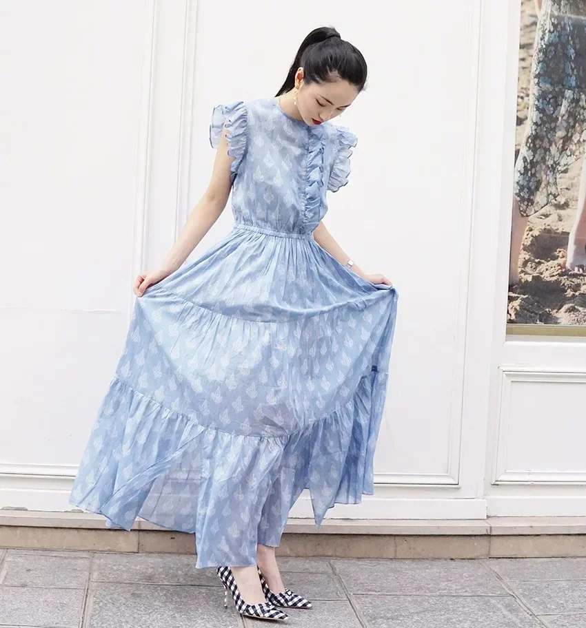 

elegant maxi Blue dresses for women cascading ruffle party dress women