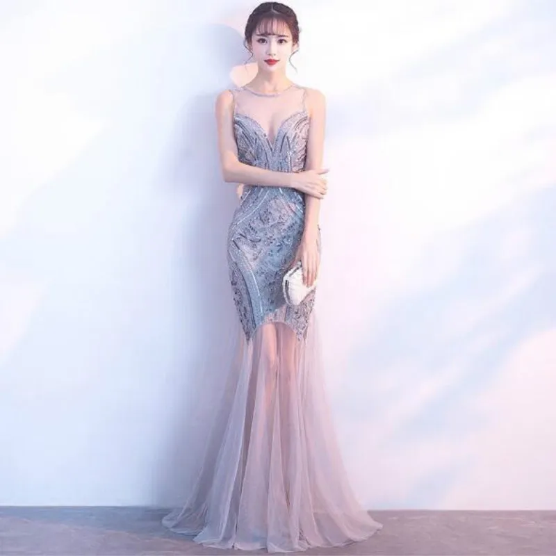 

Bridesmaid Dress Sequin Lace Illusion Sequined Mermaid/Trumpet Dress Elegant Sexy Vestidos Long Dresses for Women Party Wedding