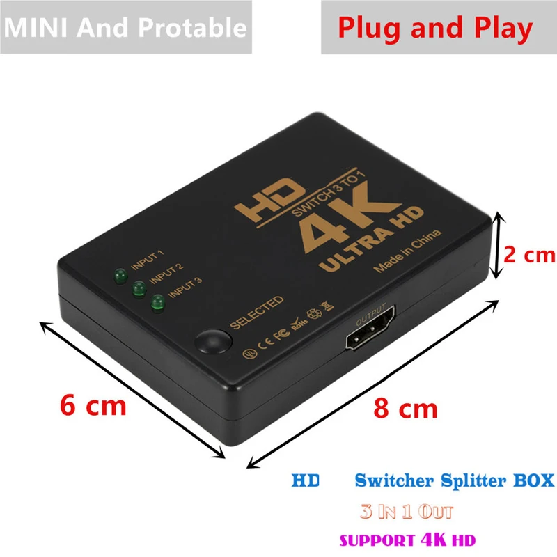 HDMI-совместимый коммутатор 4K 1080P видео HD для Xbox DVD PS3 3 в 1 сплиттер с дистанционным