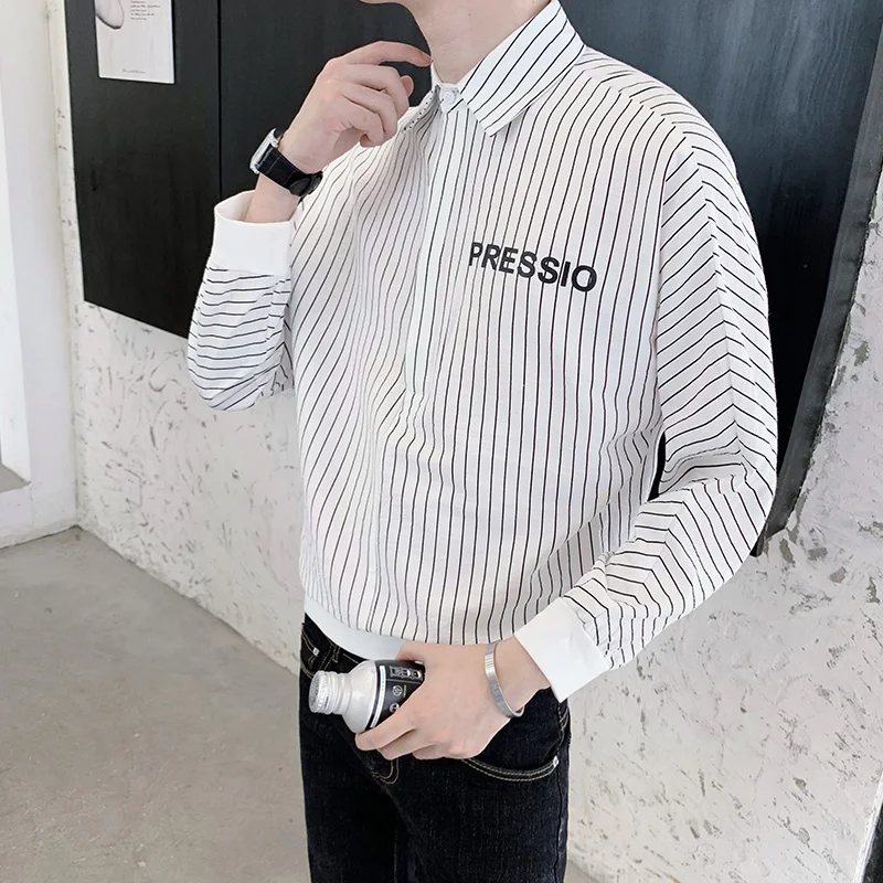 

Japan Style Loose Long Sleeve Bat Striped Shirt Men Clothes 2021 Simple Drop Shoulder Pullover Cotton&Linen Office Blouse 3XL-M