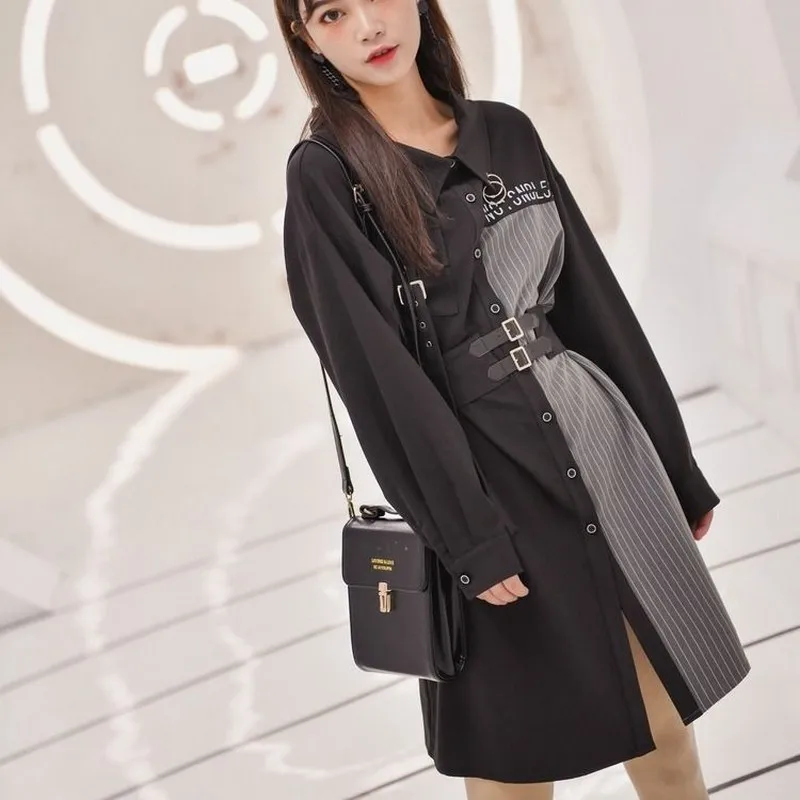 

women's dress middle length A Line skirt Single Button Long Blouse Square Collar Dress Striped Dress Slim fit for Female Spring