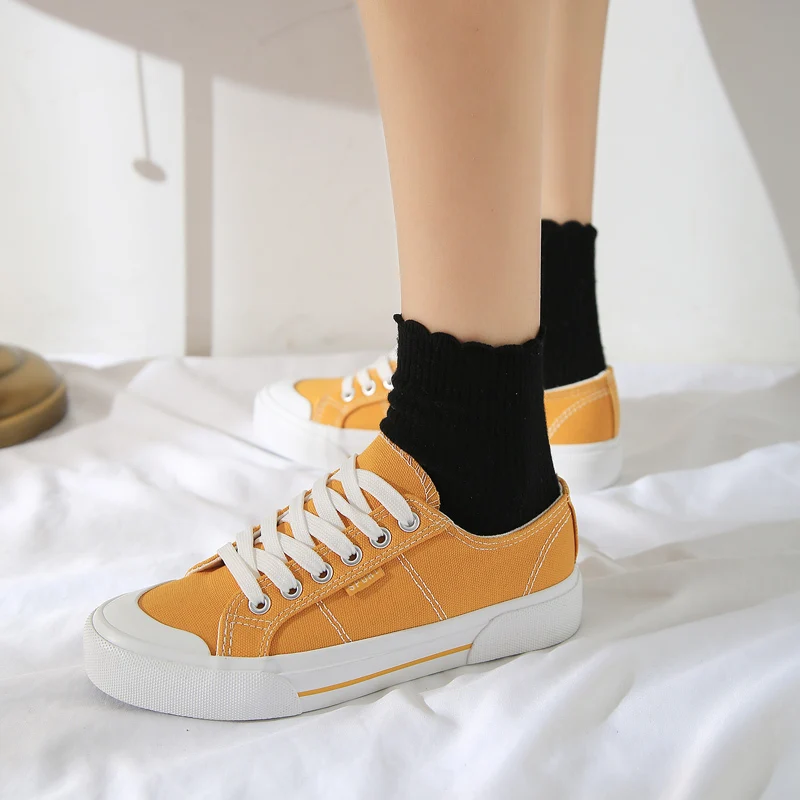 yellow canvas sneakers women flats shoes vulcanized solid low top casual green | Обувь