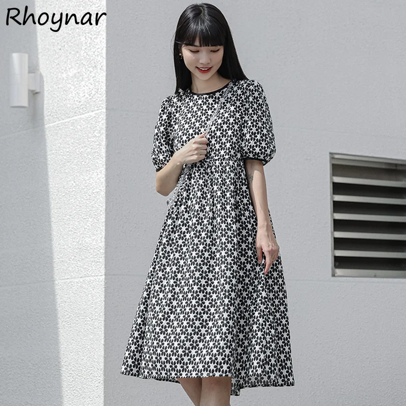

Puff Sleeve Dress Women Print O-neck Backless Elegant Vintage Summer New Fashion All-match Cozy Vestido Feminino Holiday Leisure