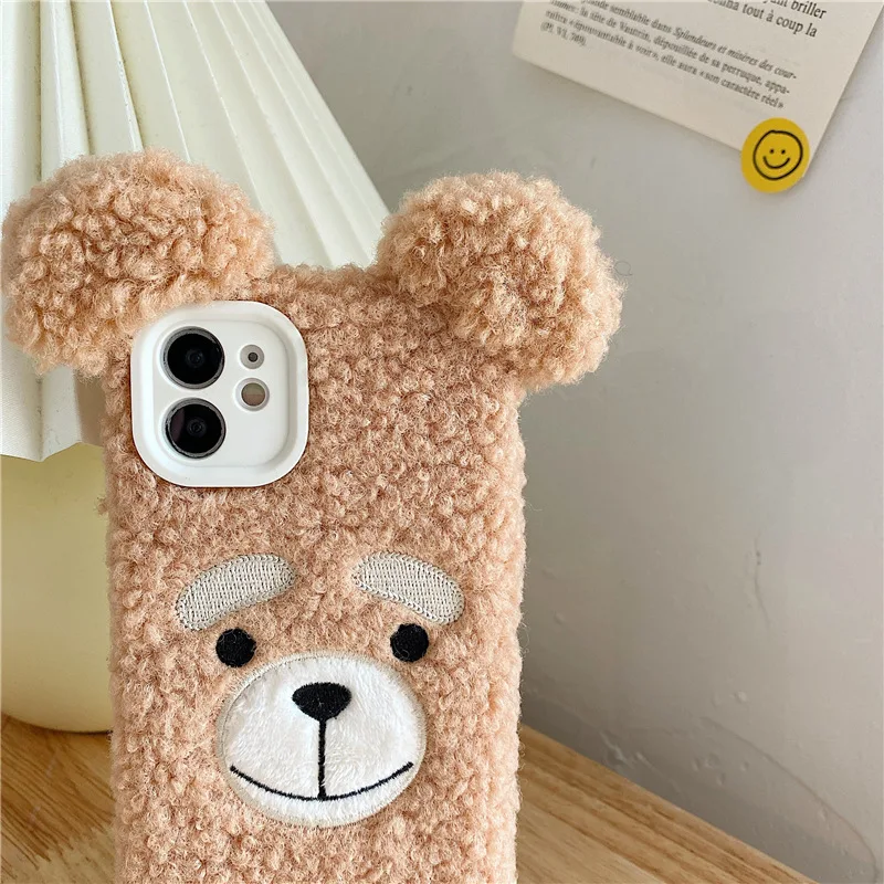 

Cute Plush Bear Warm Phone Case for iPhone 11 Pro Max X XR XS 7 8 plus Cute Back Cover for iPhone 12 Funny Cartoon Soft Case #E0