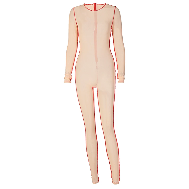 

Women's Sheer Mesh Jumpsuits Long Sleeves See Through Patchwork One Piece Bodycon Romper Skinny Pants