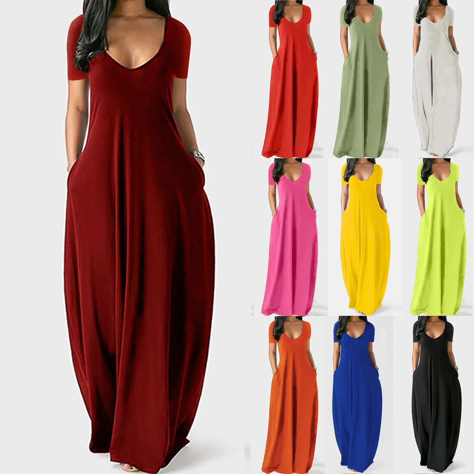 

Women Plus Size Sexy Maxi Dress Summer Solid Pocket High Waist Sleeveless Vestidos Female High Waist V-neck Robe Dresses