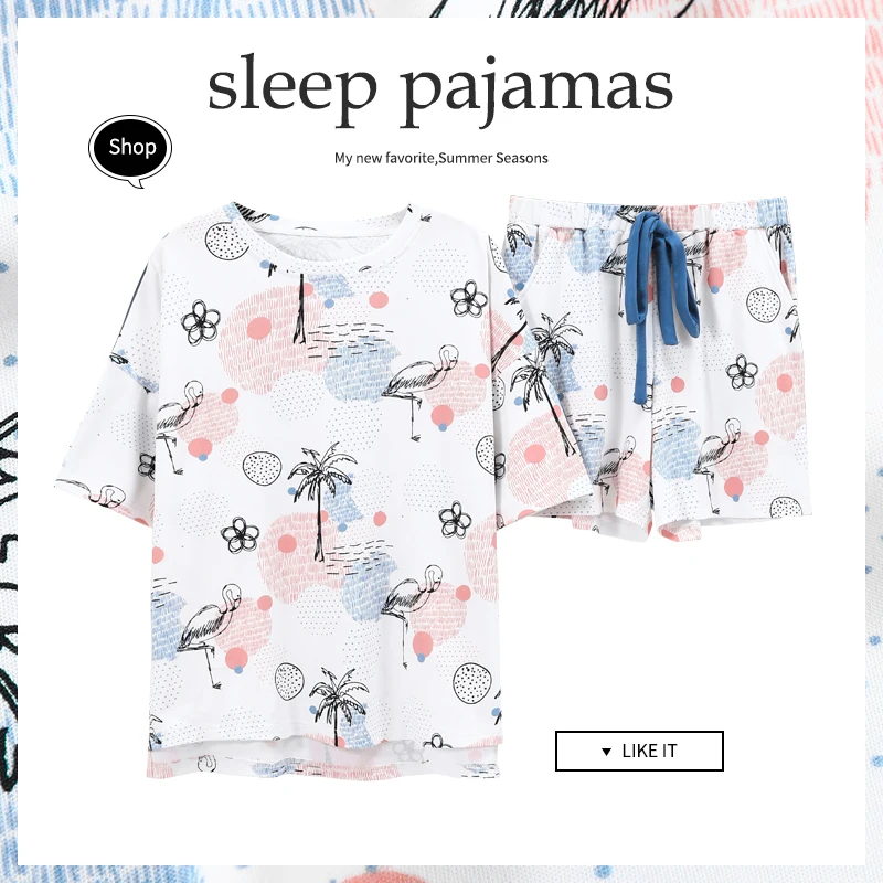 CAIYIER Japanese Summer Women Pajamas Cotton Girls Cute Cartoon Sleepwear Short Sleeve Shorts Round Neck Lounge Print Nightwear