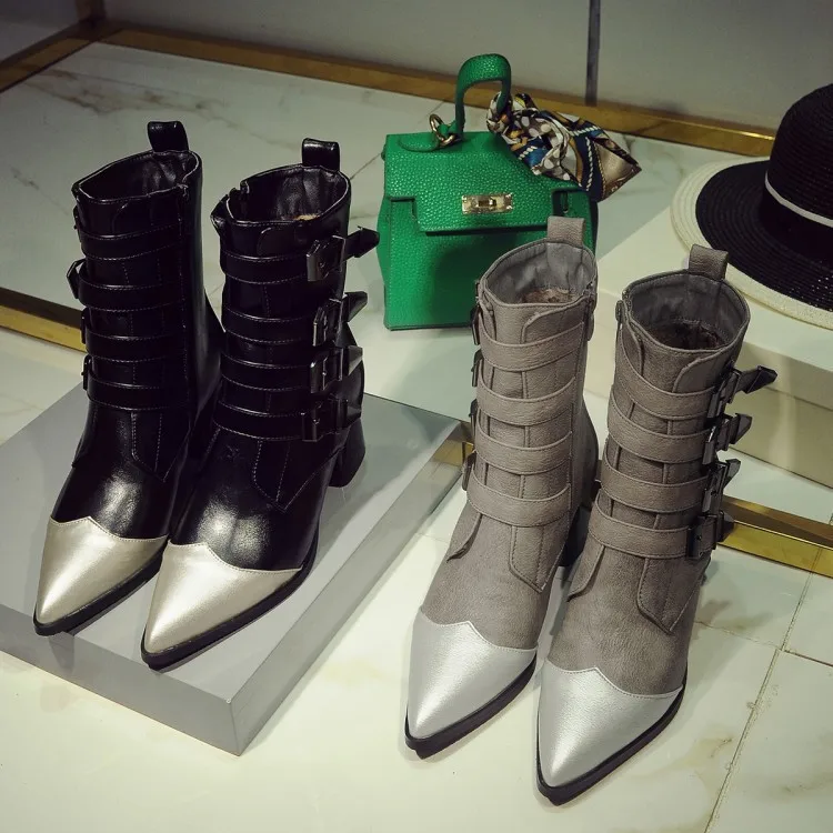 Женские ботинки-мартинсы с острым носком на высоком каблуке | Обувь