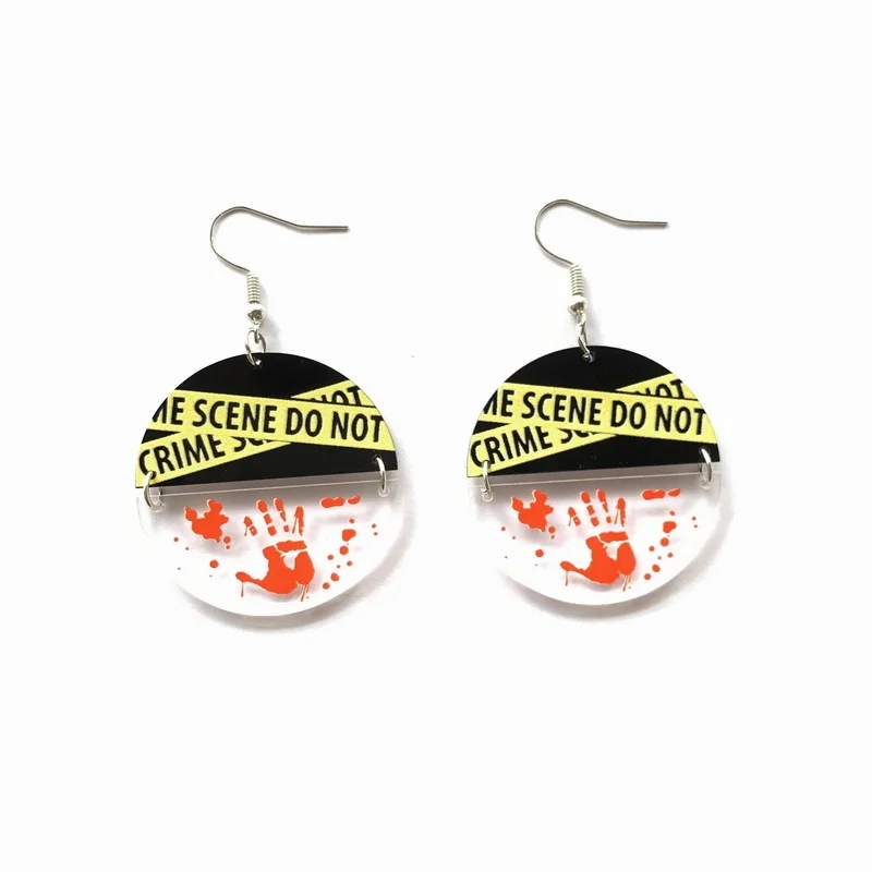 

True Crime Blood Creative Warning Line And Transparent Bloody Handprint Semicircle Combine Acrylic Dangle Earrings For Women