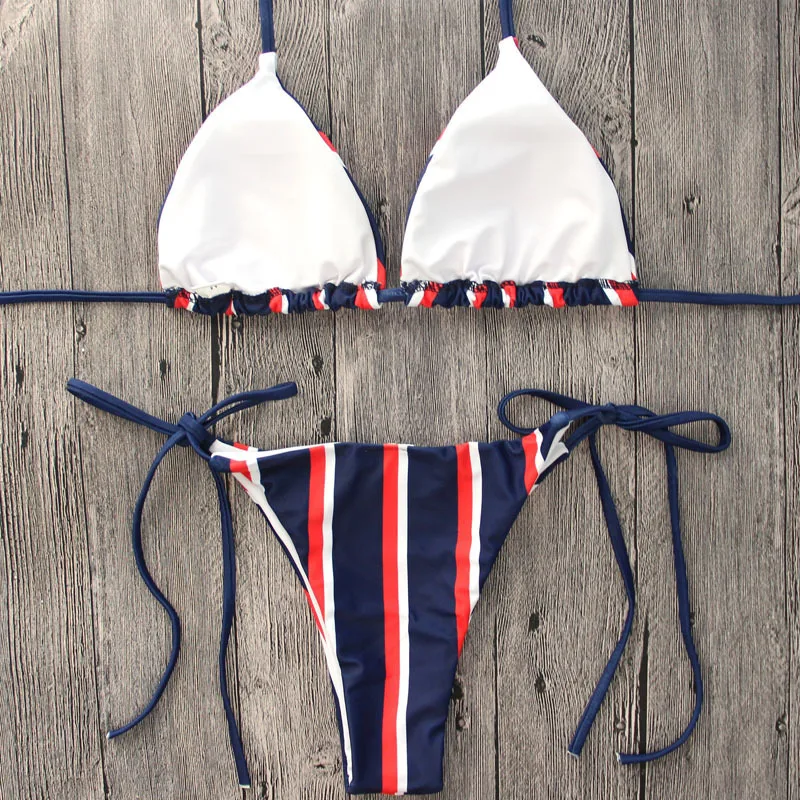 

New 2021 Summer Women Push-up Padded Bra Bandage Bikini Set Striped Swimsuit Triangle Swimwear Suit