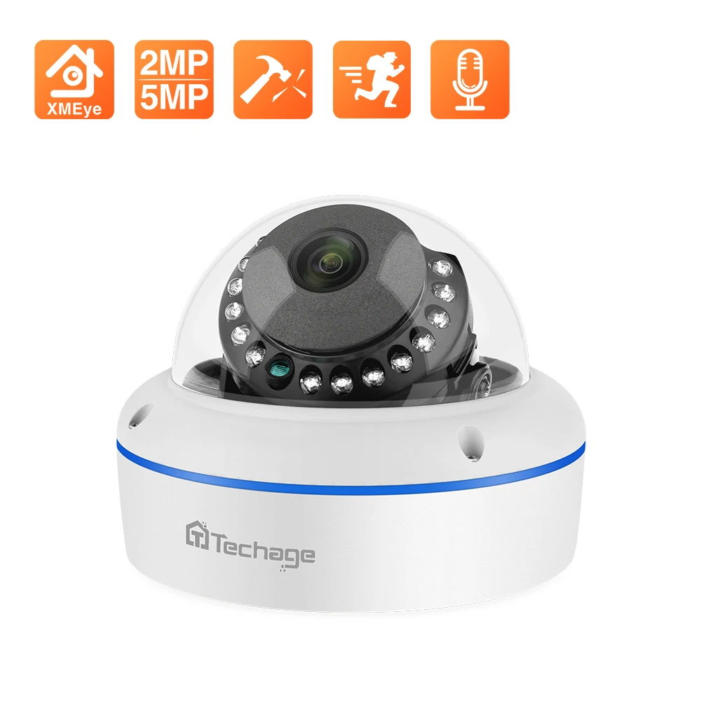 Gravação de Áudio Poe à Prova de Vandalismo Techage Super Câmera ip Indoor Dome Cctv P2p Vídeo Vigilância Apoio Onvif hd 5mp 2mp