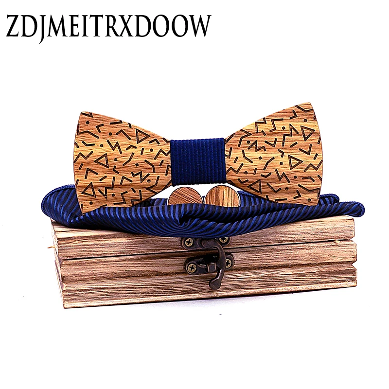 

New Design Zebra Wood Men Tie Classic Business Wooden Bow Tie Handkerchif Cuff Set Suit For Wedding Necktie Factory Sale T219