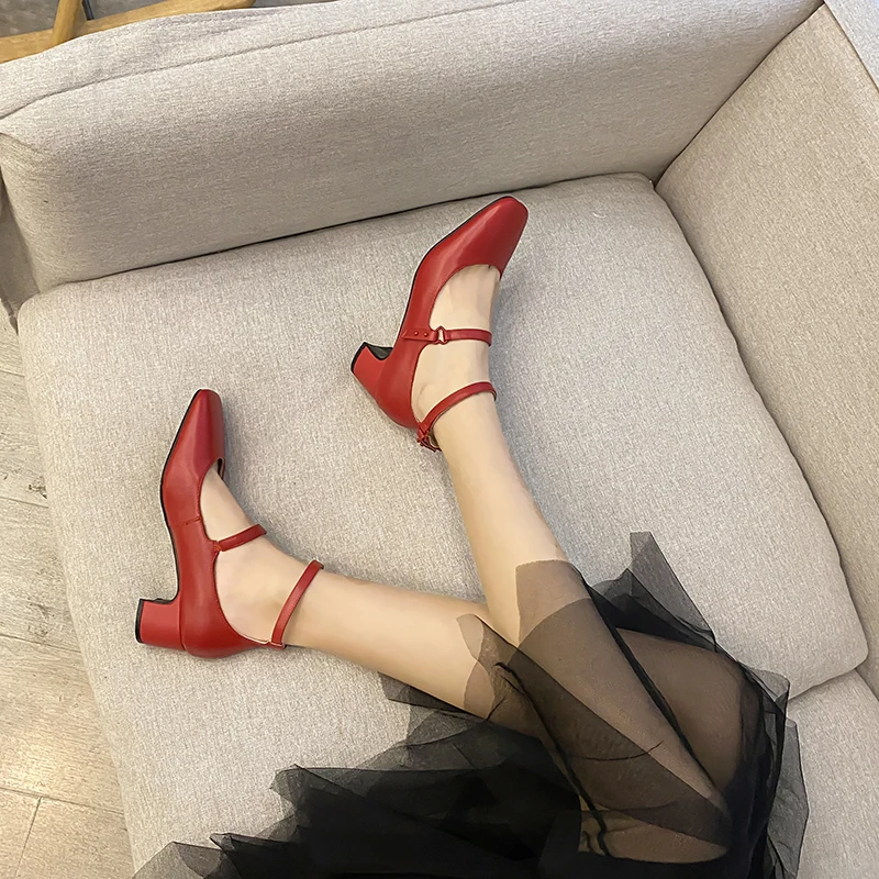 

MORAZORA 2020 New arrive genuine leather women pumps sweet party shoes med heels square toe buckle ladies shoes black red