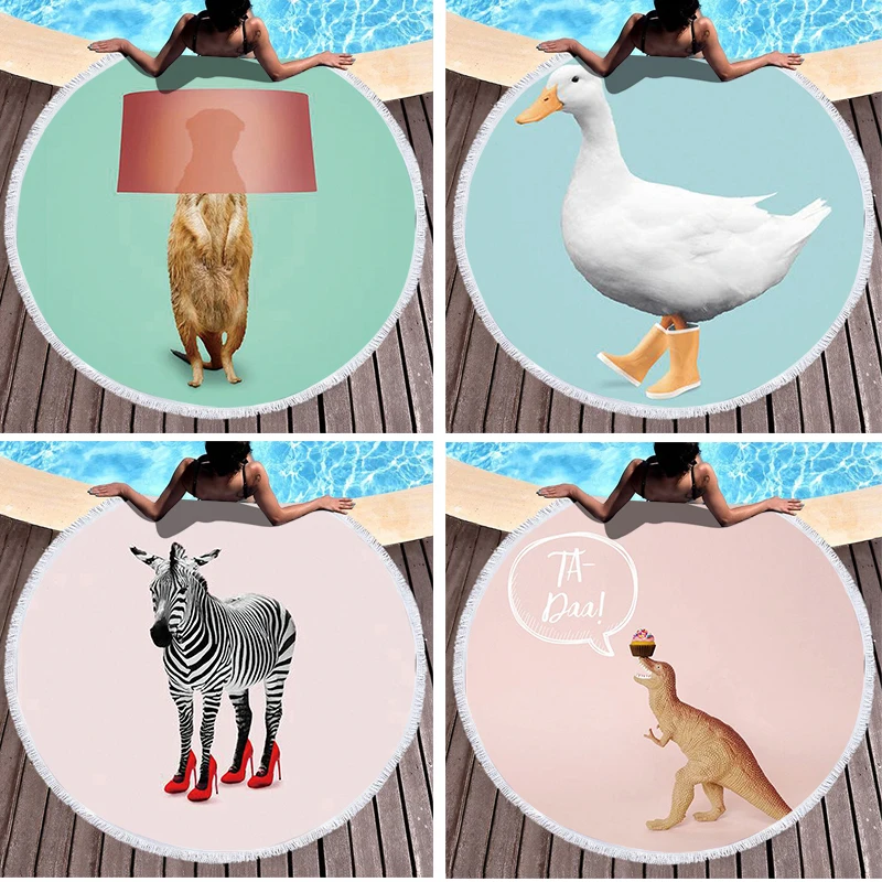 

Круглое пляжное полотенце в забавном стиле, коврик для йоги из микрофибры с кисточками и принтом животных, 150 см