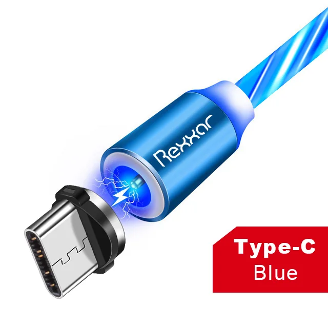 Type C Blue Rexxar Магнитный кабель type C Micro USB светодиодный магнитный usb-кабель для зарядки для Apple IPhone X 7 8 6 Xs Max XR samsung s9 Xiaomi шнур - Цвет: Type C Blue