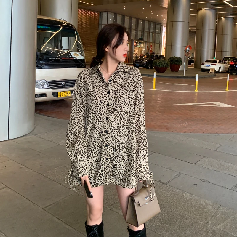 Женская Повседневная рубашка Весенняя просторная с леопардовым принтом