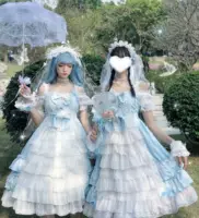 "Chanson de Rose" Sweet Women's Lolita JSK Dress Suspender Dress Sleeveless Lace Bows Trim One Piece Dress Light Blue Hanayome