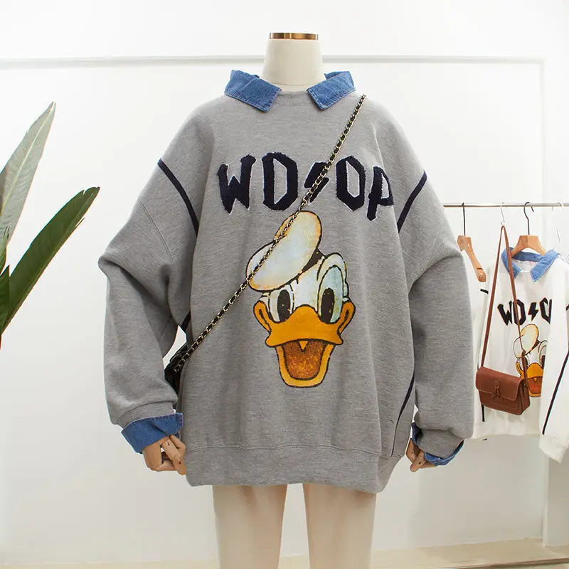 

Fake Two Piece Donald Duck 2022 Autumn Gray Sweashirts Clothes Spring Harajuku Disney Tops Polo White Black Cartoon Sweatshirts