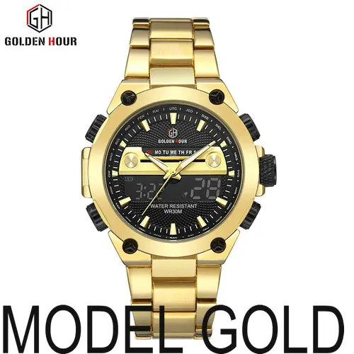GOLDENHOUR спортивные военные кварцевые часы, мужские Аналоговые Цифровые часы с двойным циферблатом и золотым стальным ремешком, наручные часы с календарем - Цвет: OTHER MODEL GOLD