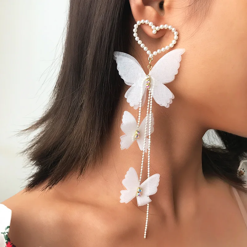 

Dominated Lace Butterfly Pearl Heart Tassel Drop Earrings for Women New 2021 Contracted Temperament Fashion Wedding Jewelry